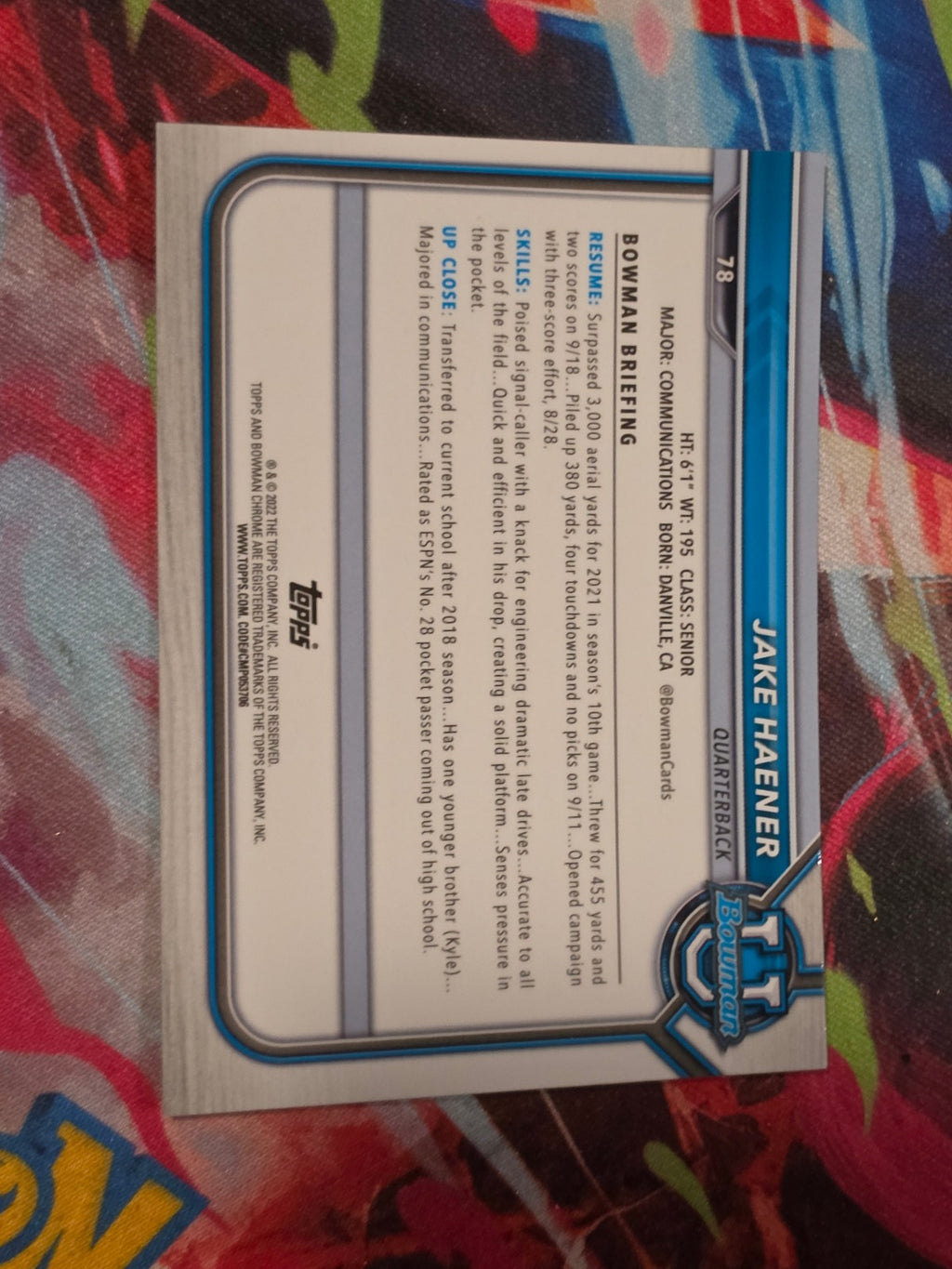 Jake Haener 2021-22 Bowman University - Chrome Prospects Pink Refractor 78 NM Football (Back)