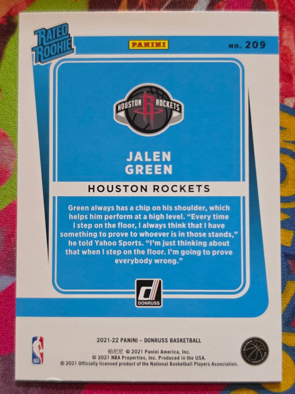 Jalen Green 2021-22 Panini Donruss Rated Rookie Yellow Flood #209 NM Basketball (Back)