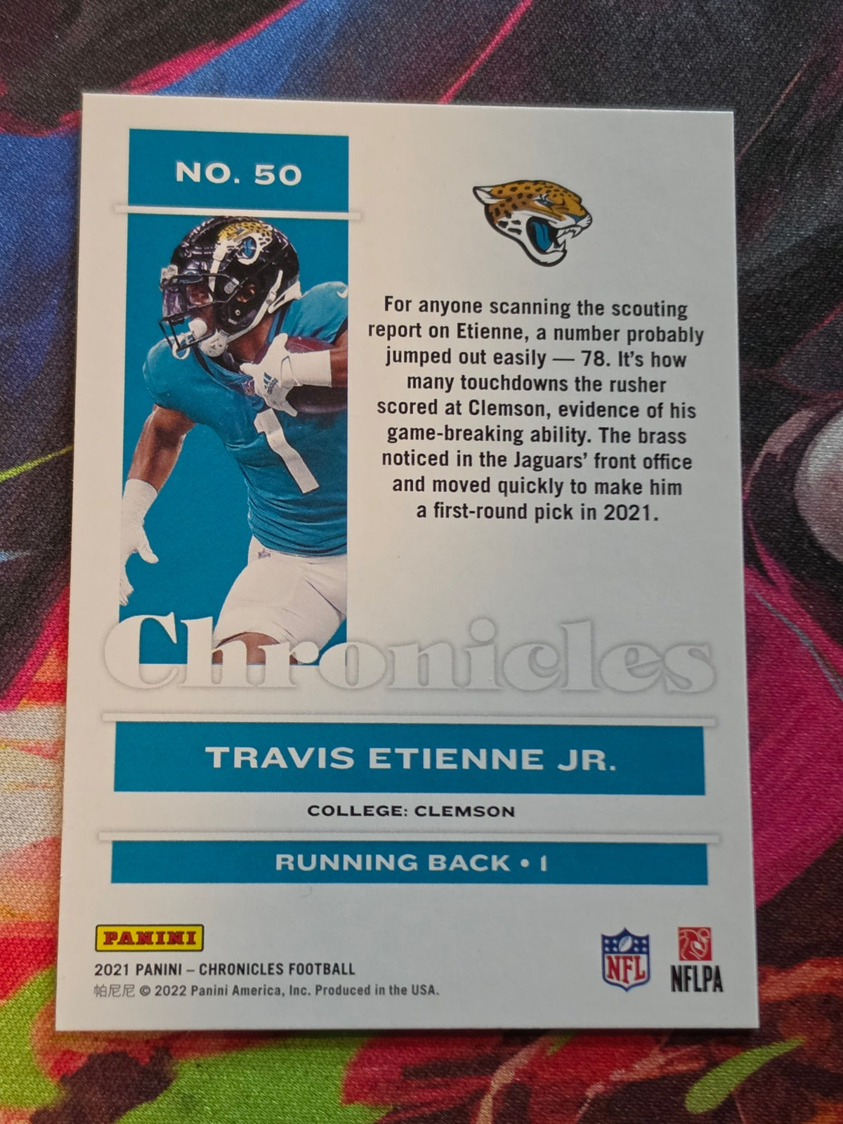 Travis Etienne Jr. 2021 Panini Chronicles 50 NM Football (Back)
