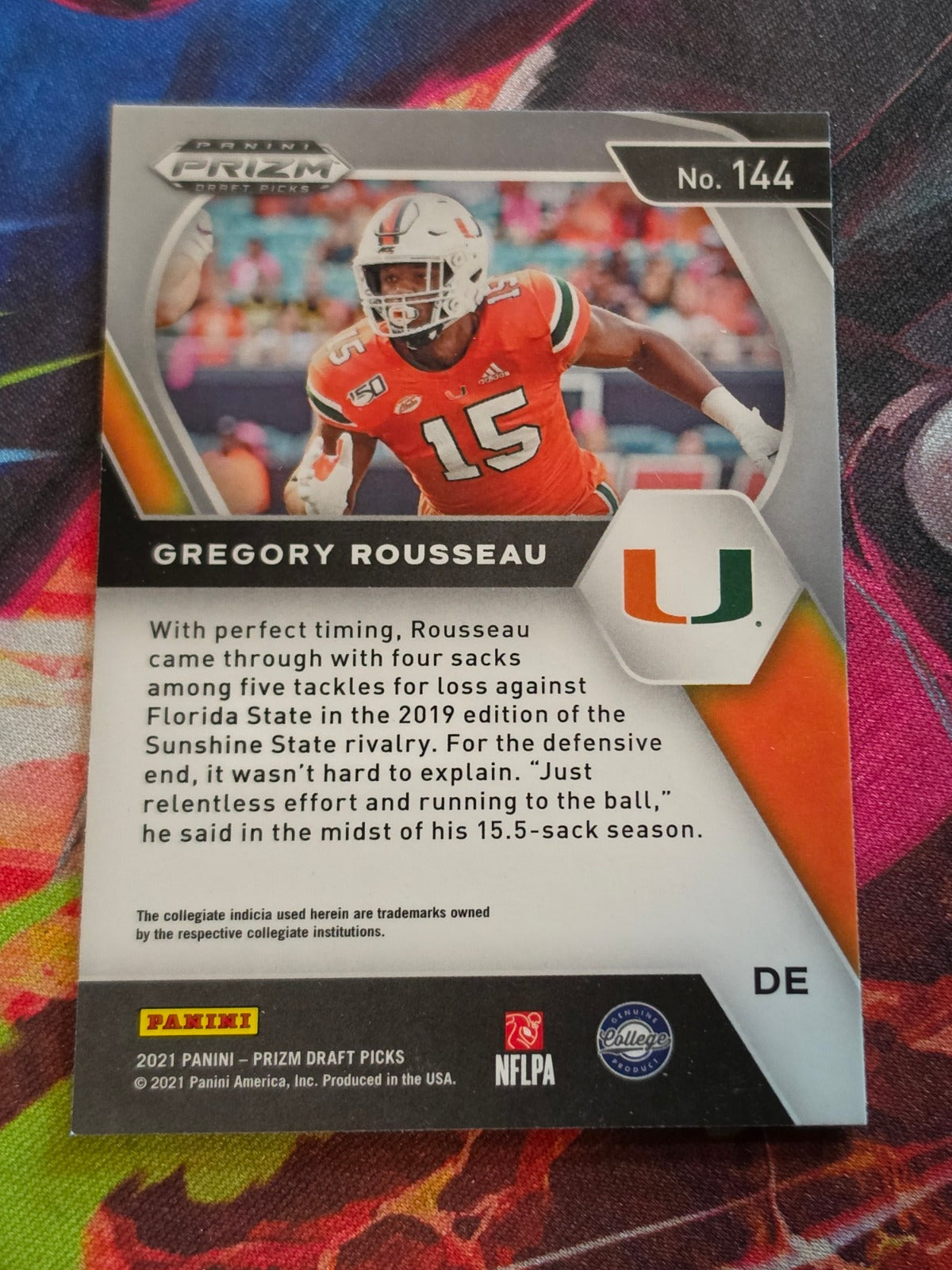 Greg Rousseau 2021 Panini Prizm Draft Picks - Red White and Blue Prizm 144 NM Football (Back)