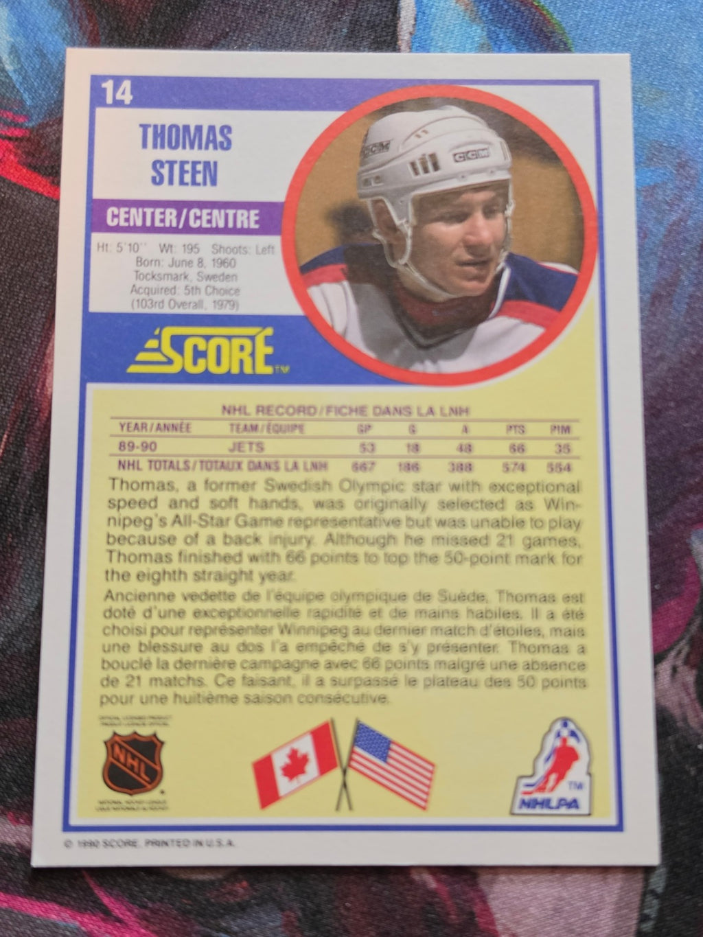 Thomas Steen 1990-91 Score Canadian #14 NM Hockey (Back)