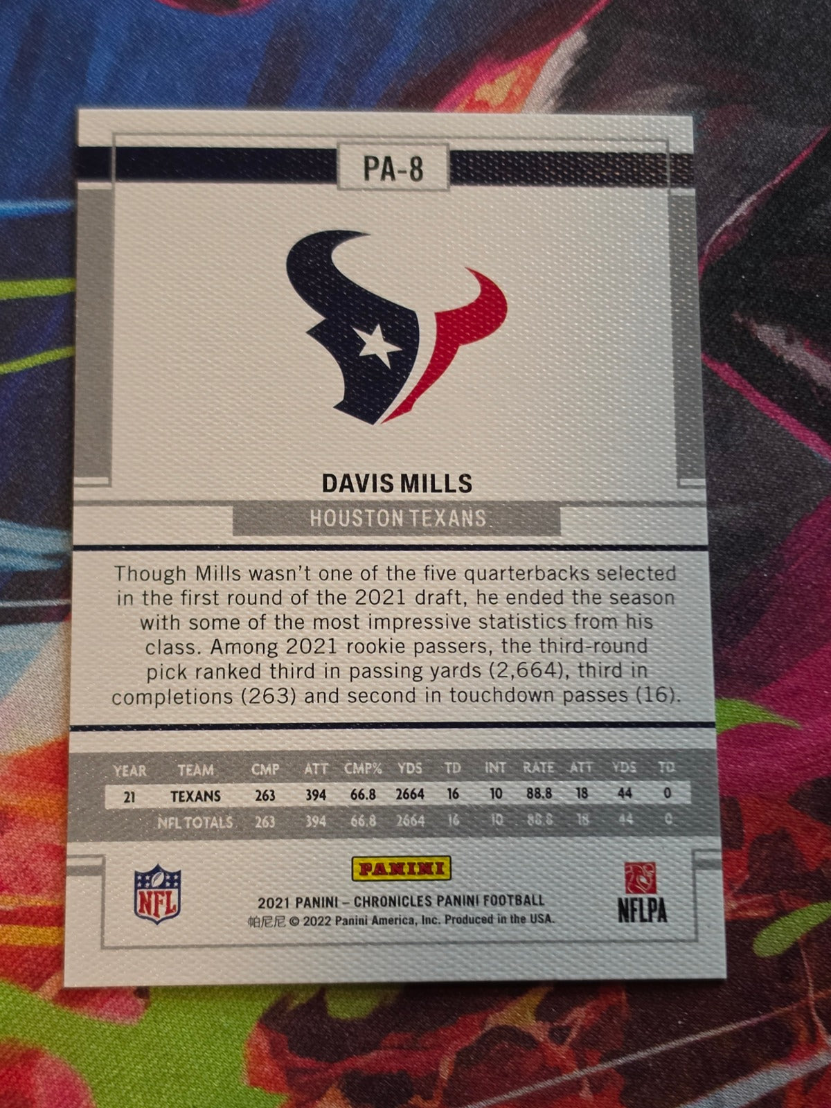 Davis Mills 2021 Panini Chronicles - Panini PA-8 NM Football (Back)