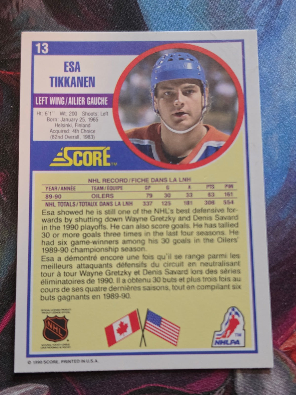 Esa Tikkanen 1990-91 Score Canadian #13 NM Hockey (Back)