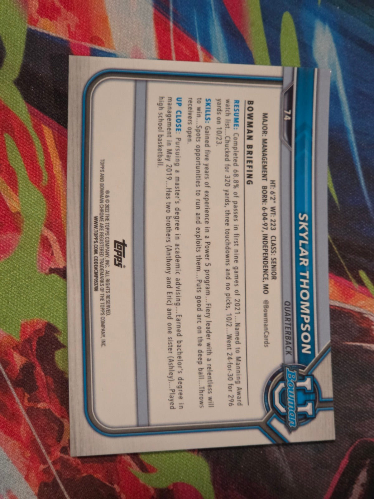 Skylar Thompson 2021-22 Bowman University - Chrome Prospects Pink Refractor 74 NM Football (Back)