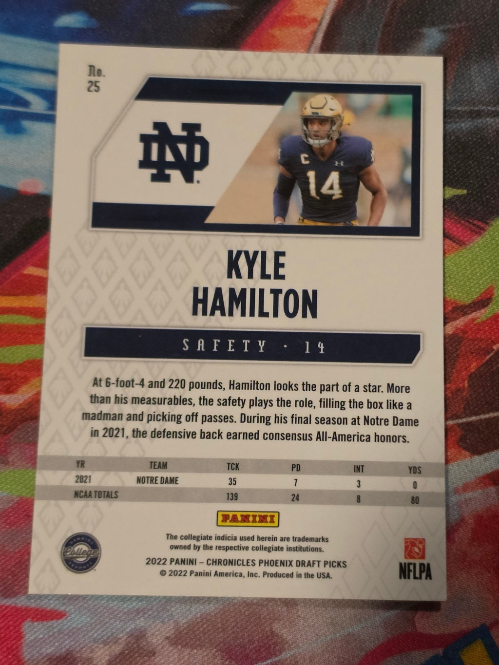 Kyle Hamilton 2022 Panini Chronicles Draft Picks - Phoenix 25 NM Football (Back)