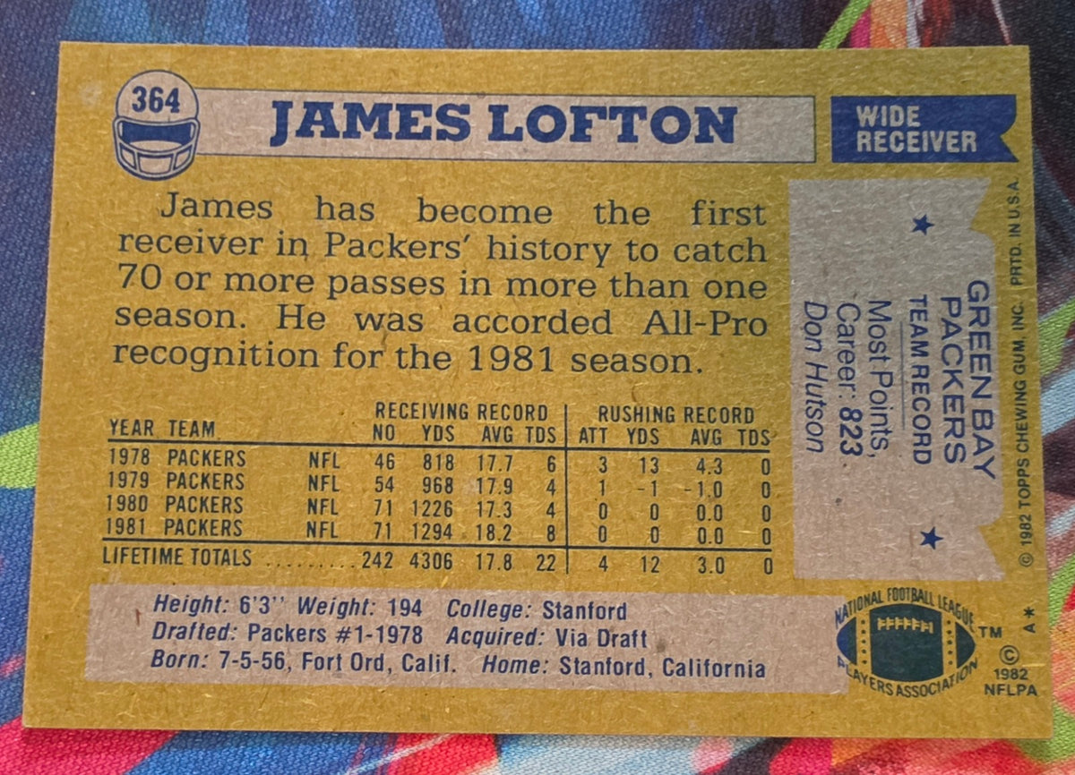 James Lofton 1982 Topps 364 LP Football (Back)
