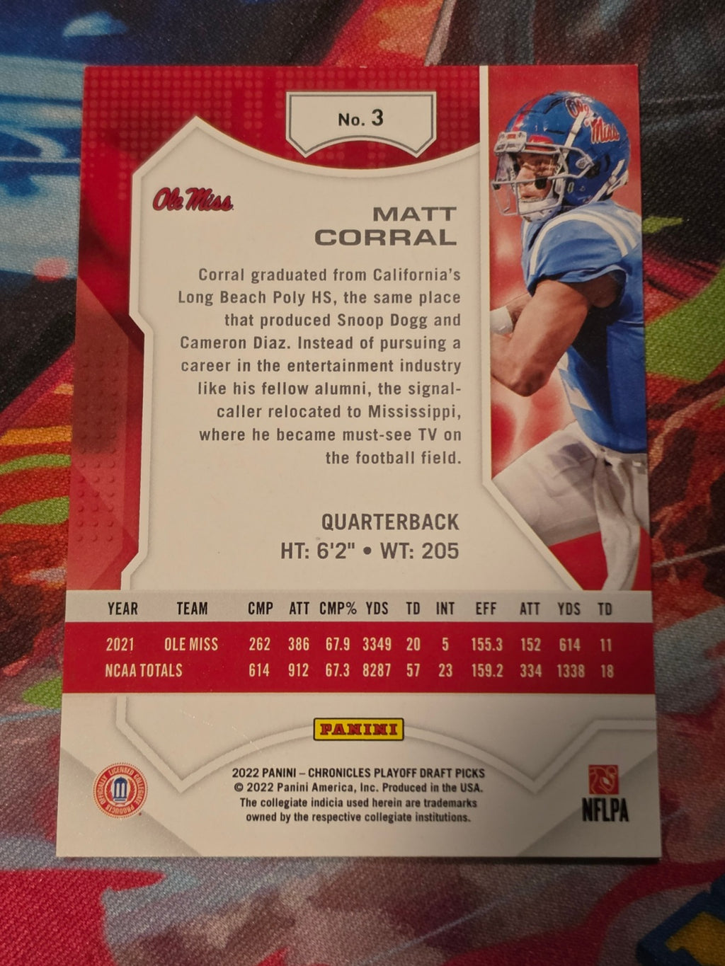 Matt Corral 2022 Panini Chronicles Draft Picks - Playoff 3 NM Football (Back)