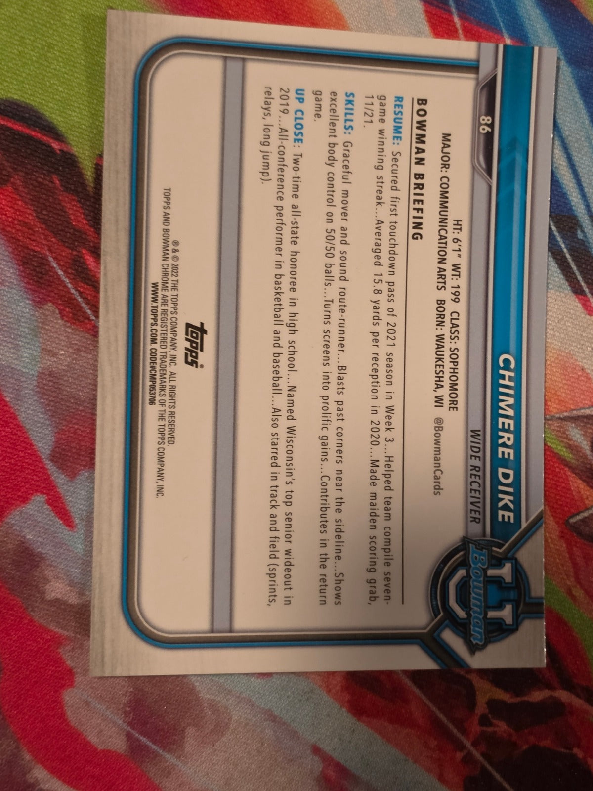 Chimere Dike 2021-22 Bowman University - Chrome Prospects Pink Refractor 86 NM Football (Back)