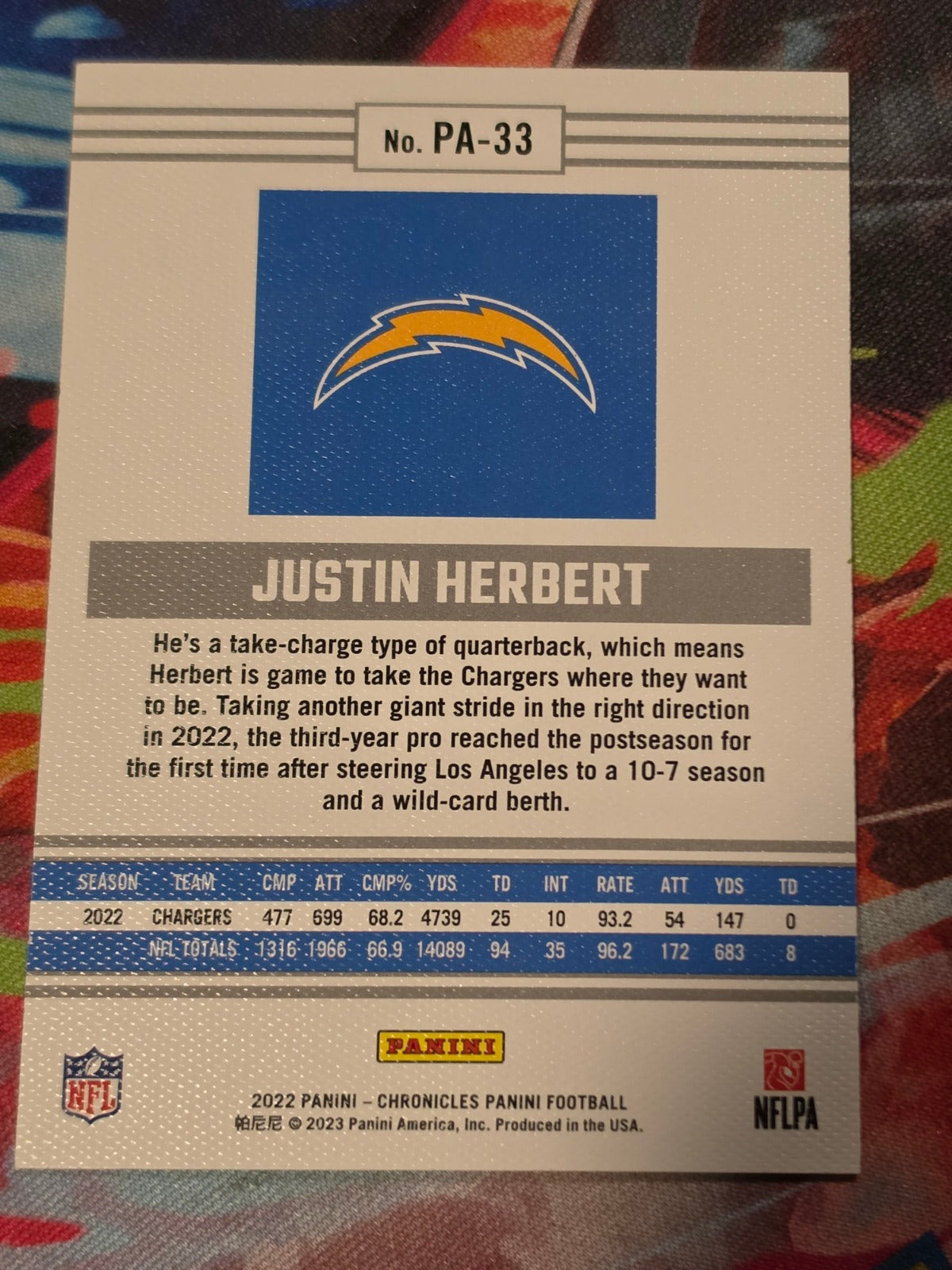 Justin Herbert 2022 Panini Chronicles - Panini PA-33 NM Football (Back)