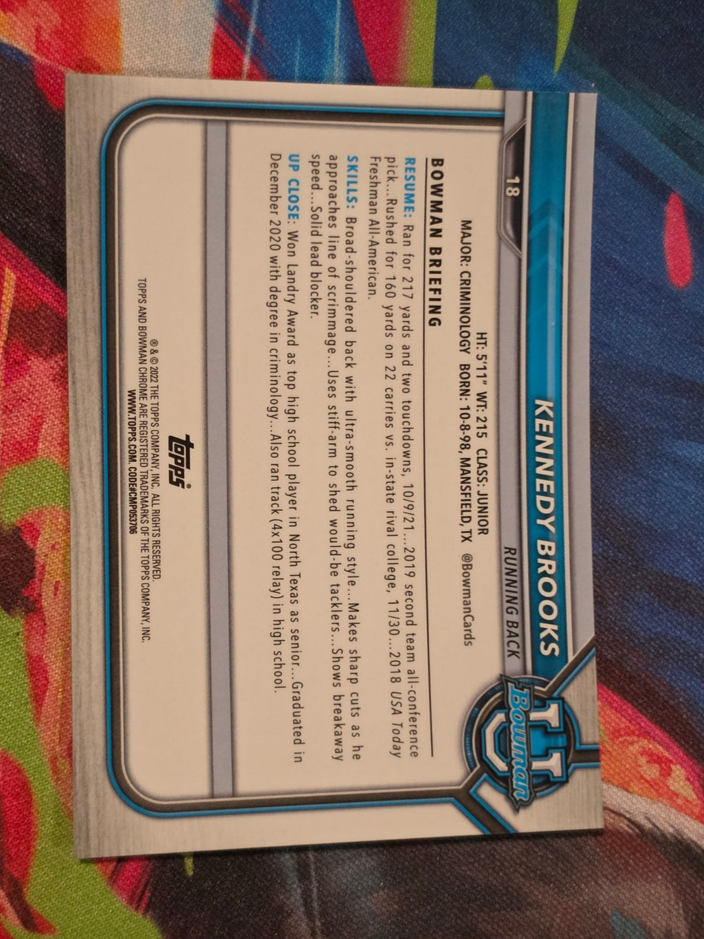 Kennedy Brooks 2021-22 Bowman University - Chrome Prospects Pink Refractor 18 NM Football (Back)