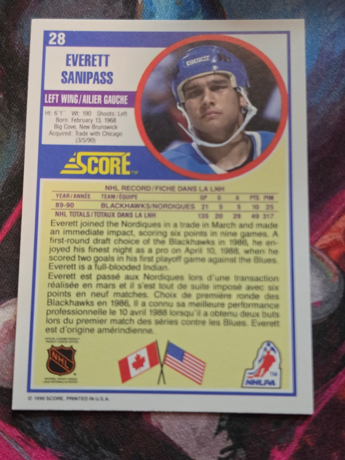 Everett Sanipass 1990-91 Score Canadian #28 RC NM Hockey (Back)