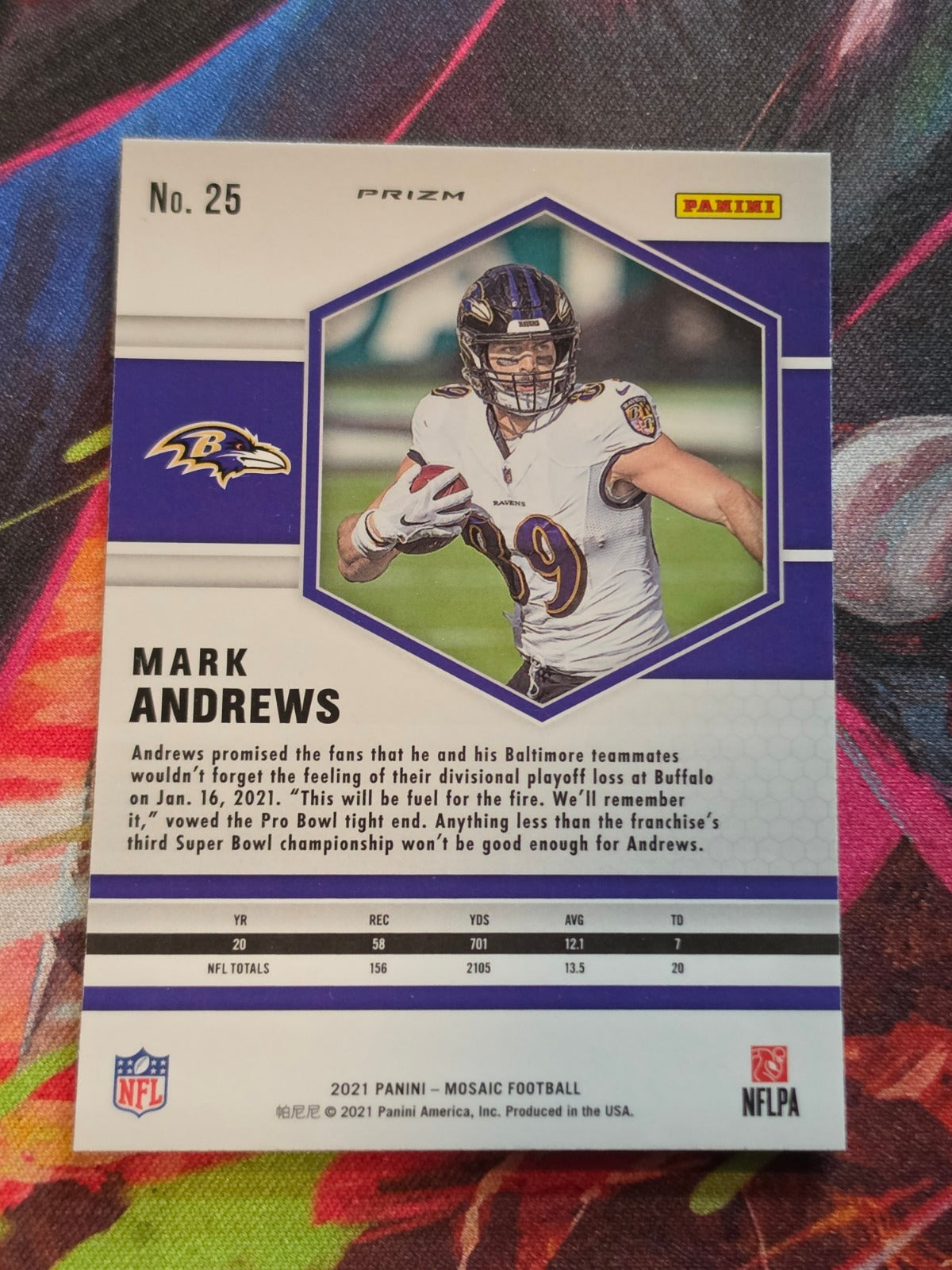 Mark Andrews 2021 Panini Mosaic - Prizm Reactive Orange 25 NM Football (Back)