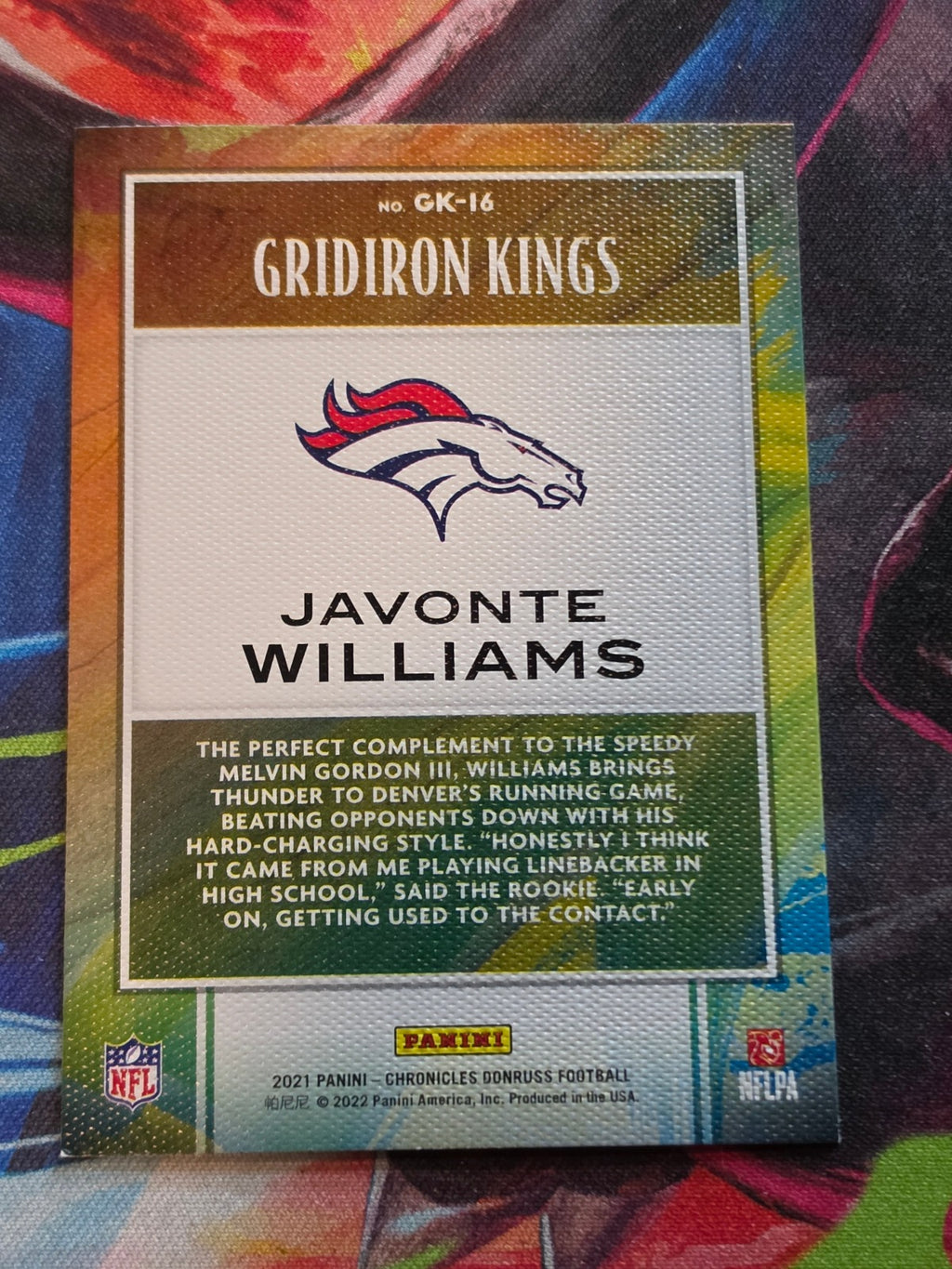 Javonte Williams 2021 Panini Chronicles - Gridiron Kings GK-16 NM Football (Back)