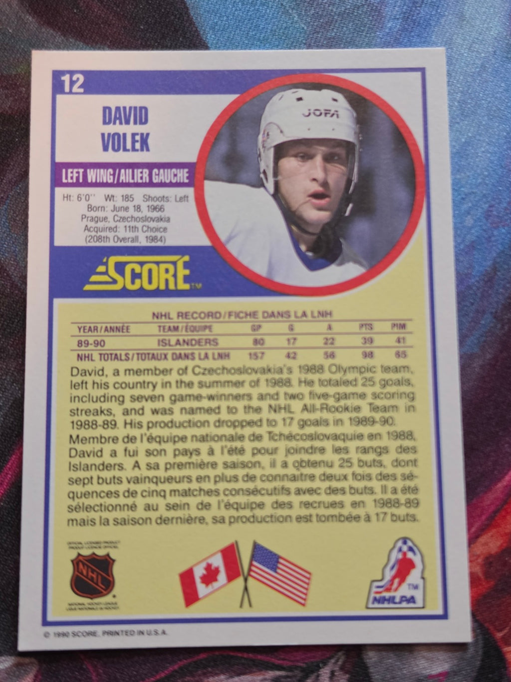 David Volek 1990-91 Score Canadian #12 NM Hockey (Back)