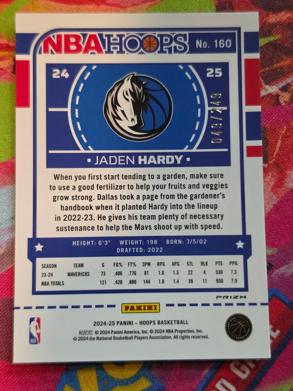 Jaden Hardy Hoops - Premium Prizms Purple 160 NM 049/249 Basketball (Back)
