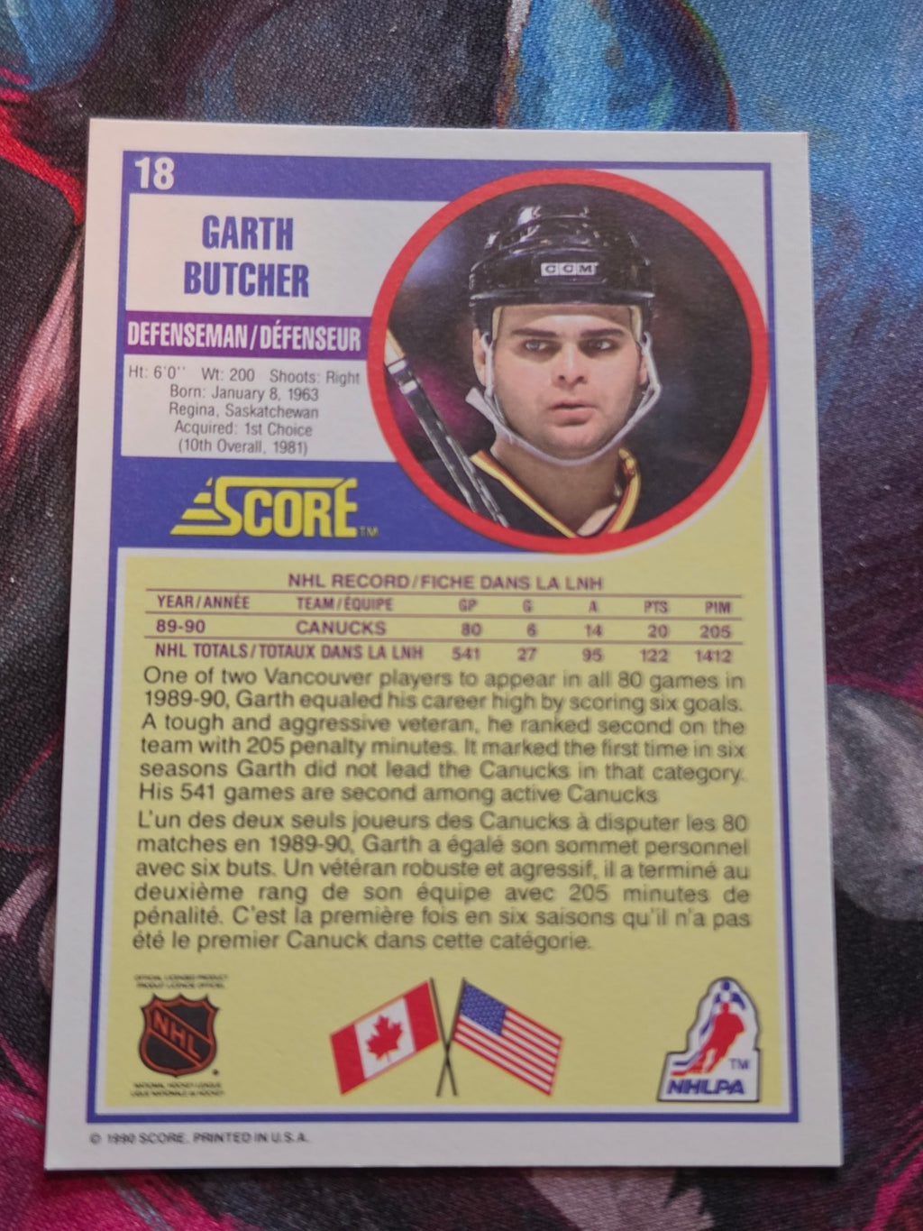 Garth Butcher 1990-91 Score Canadian #18 NM Hockey (Back)