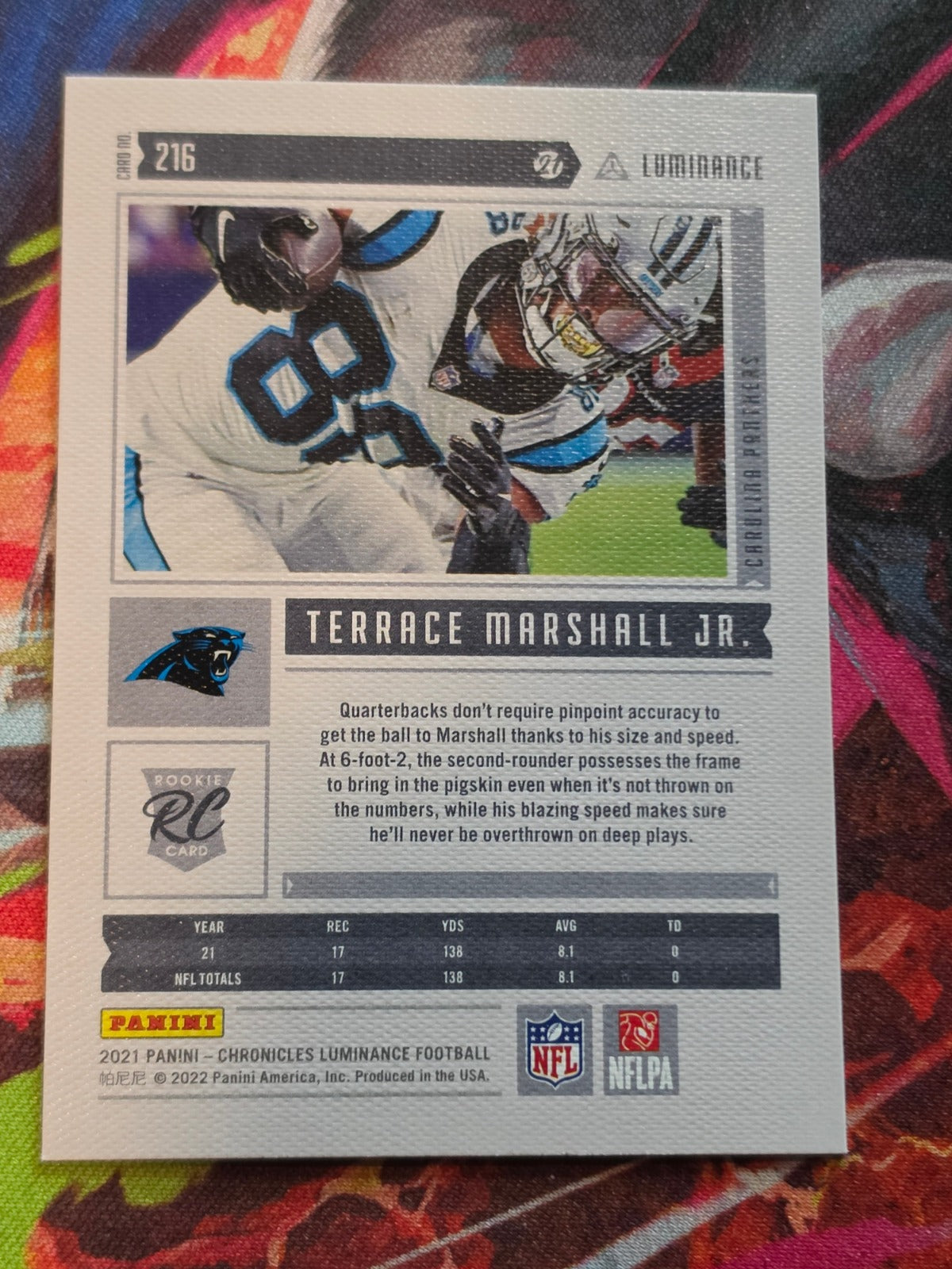 Terrace Marshall Jr. 2021 Panini Chronicles - Luminance Update Rookies 216 NM Football (Back)