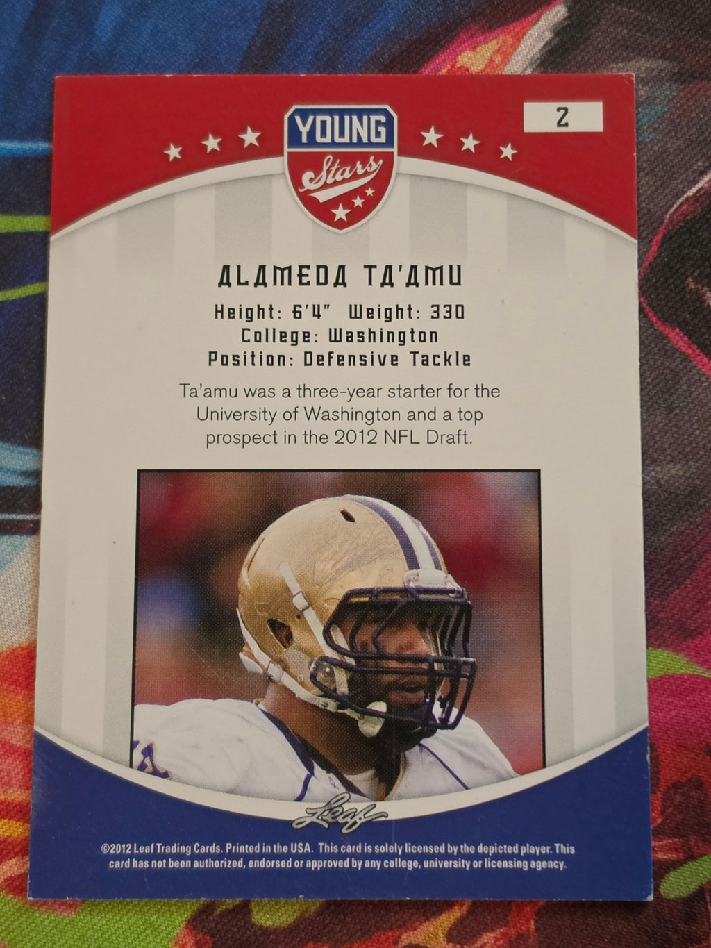 Alameda Ta'amu 2012 Leaf Young Stars 2 LP Football (Back)