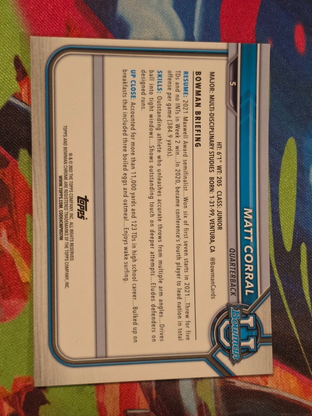 Matt Corral 2021-22 Bowman University - Chrome Prospects Pink Refractor 5 NM Football (Back)