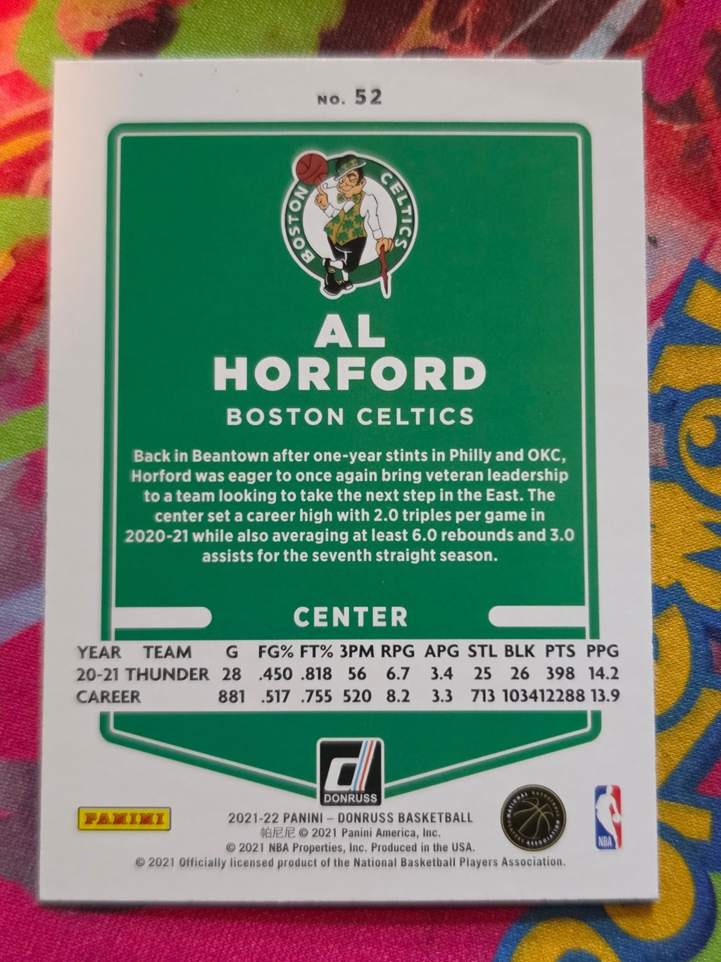 Al Horford 2021-22 Panini Donruss Holo Green & Yellow Laser #52 NM Basketball (Back)