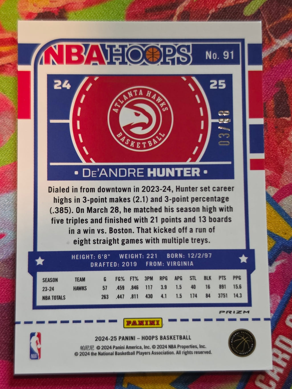 De'Andre Hunter Hoops Winter - Blizzard Prizms Premium 91 NM 03/88 Basketball (Back)