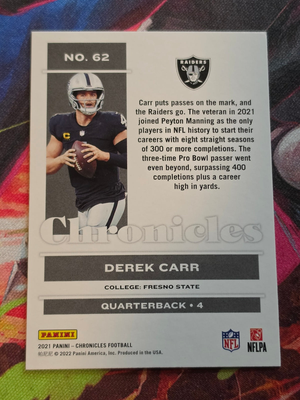 Derek Carr 2021 Panini Chronicles - Pink 62 NM Football (Back)