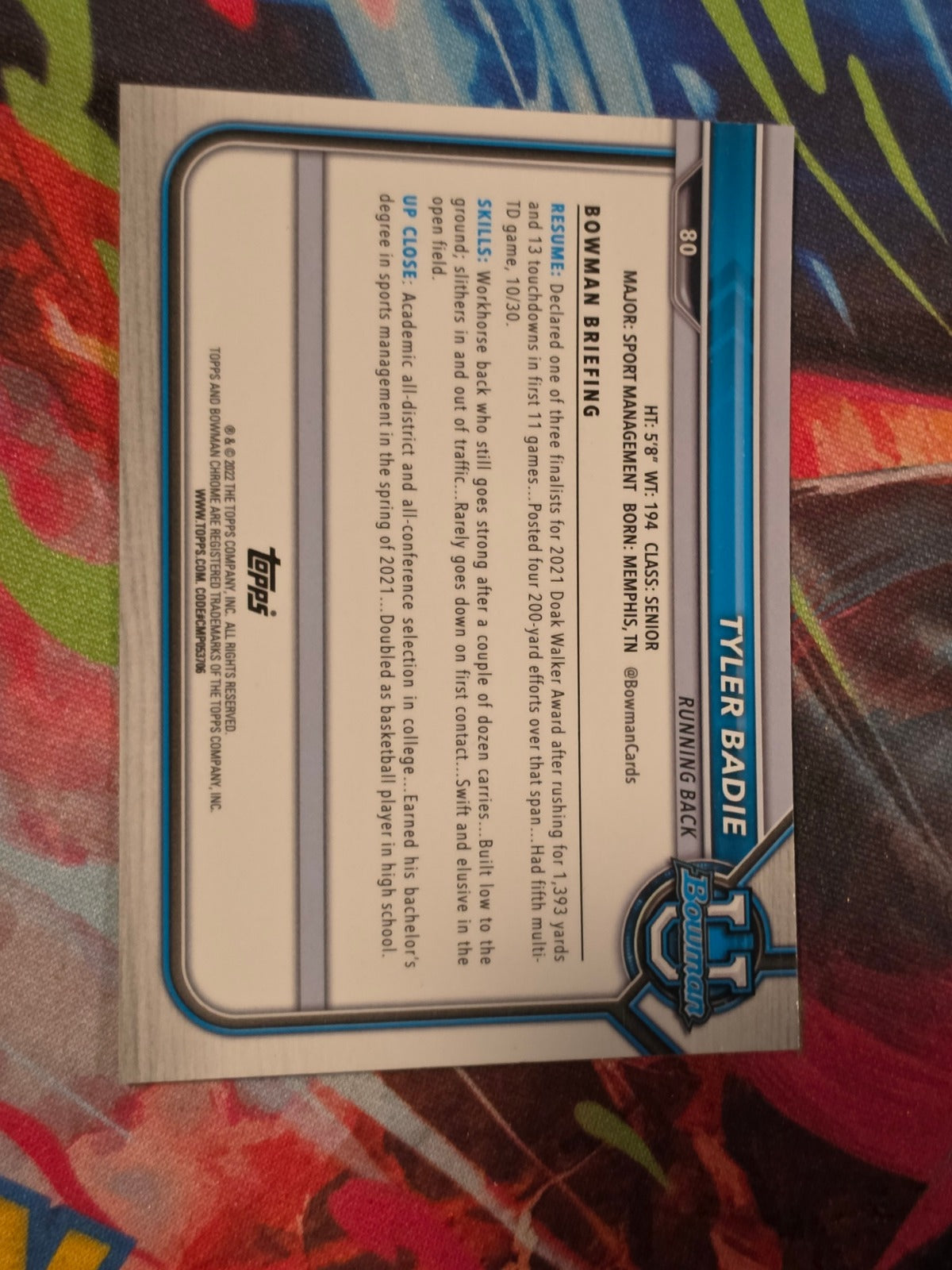 Tyler Badie 2021-22 Bowman University - Chrome Prospects Pink Refractor 80 NM Football (Back)